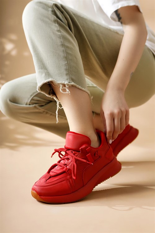 Janis Yüksek Tabanlı Süet Detaylı Kırmızı Sneakers