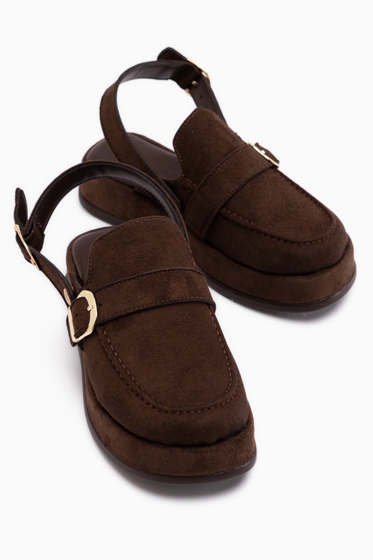 Gity Kahve Süet Çift Tokalı Kadın Slingback Loafer Ayakkabı