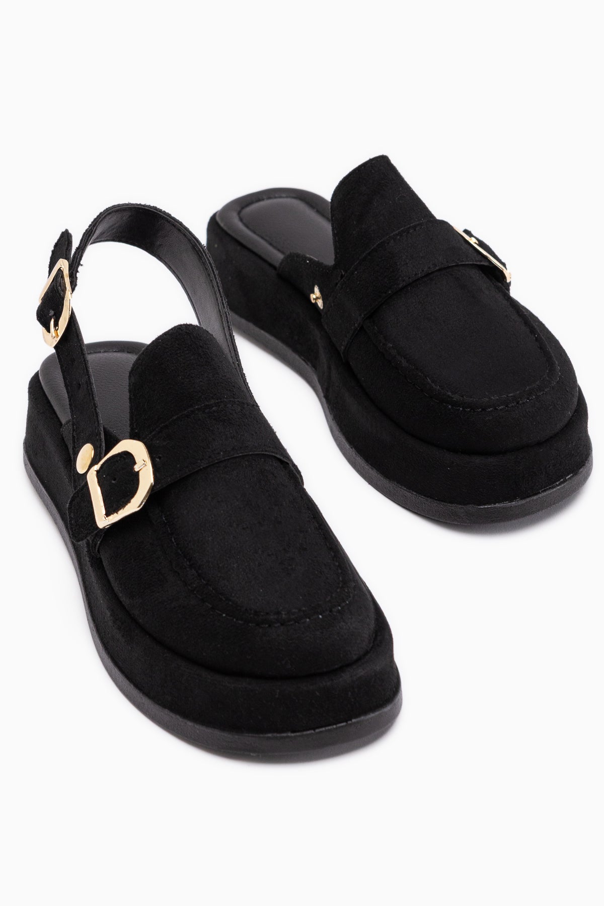 Gity Siyah Süet Çift Tokalı Kadın Slingback Loafer Ayakkabı