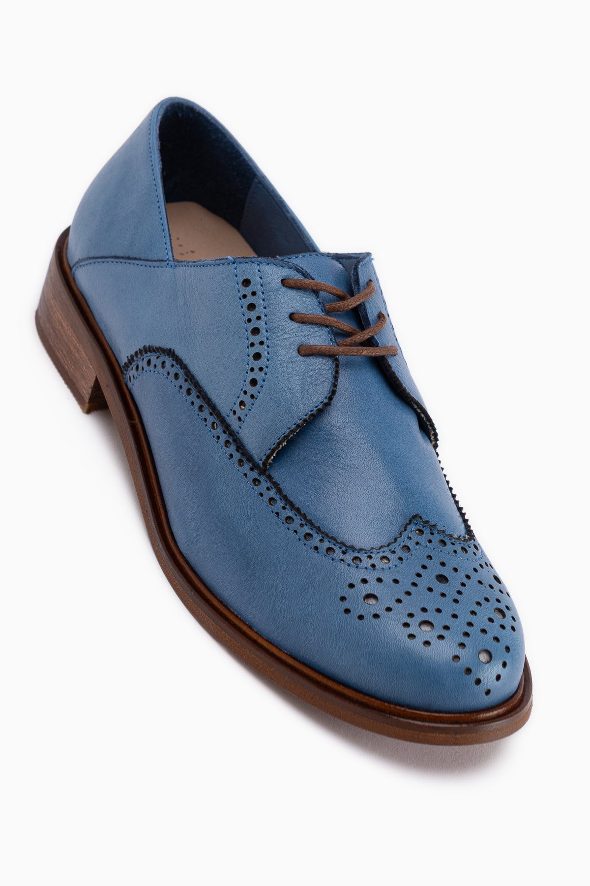 Dena Hakiki Deri Mavi Bağcıklı Brogue Oxford Kadın Ayakkabı