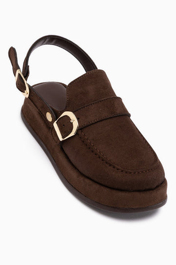 Gity Kahve Süet Çift Tokalı Kadın Slingback Loafer Ayakkabı