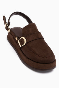 Gity Kahve Süet Çift Tokalı Kadın Slingback Loafer Ayakkabı