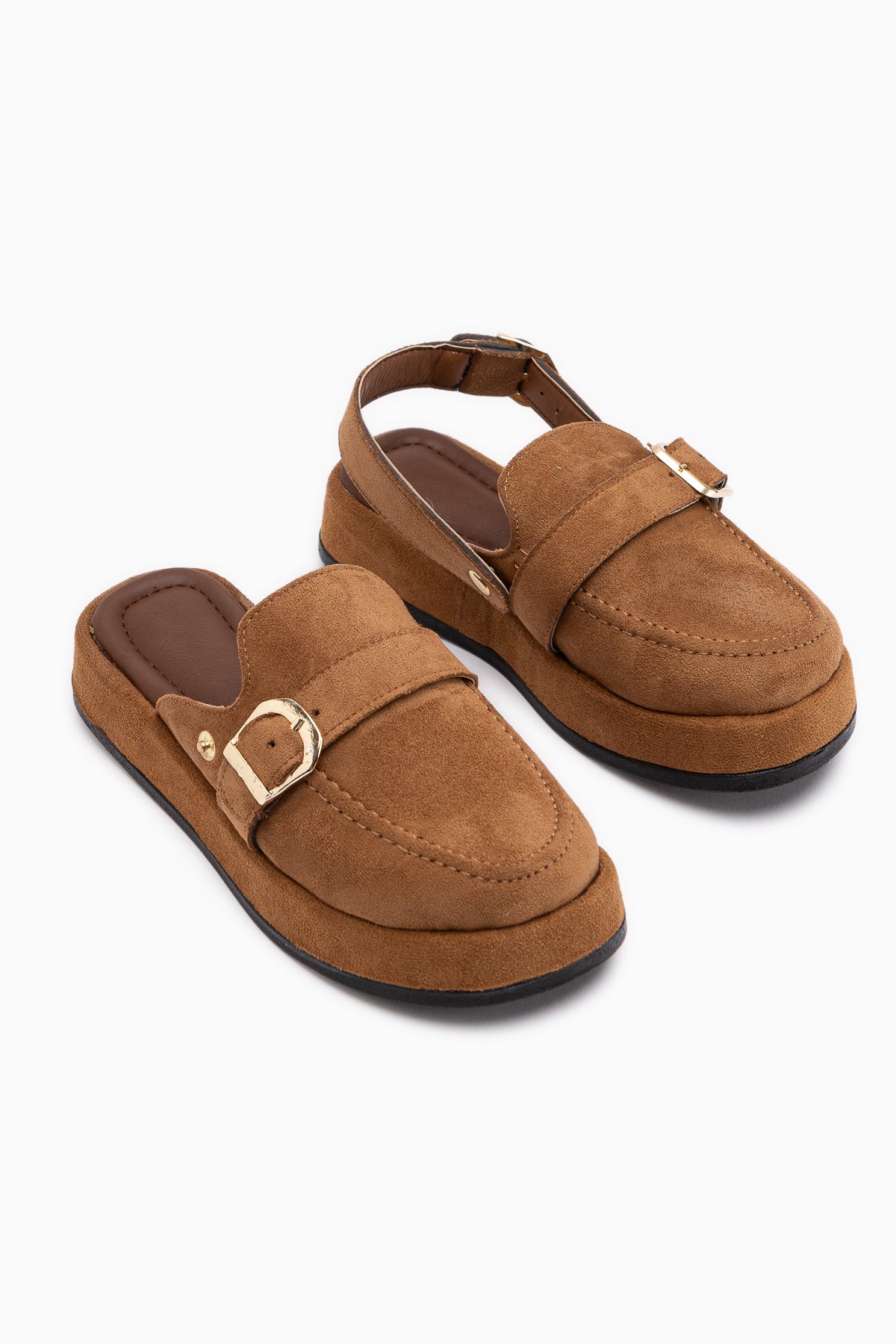 Gity Taba Süet Çift Tokalı Kadın Slingback Loafer Ayakkabı
