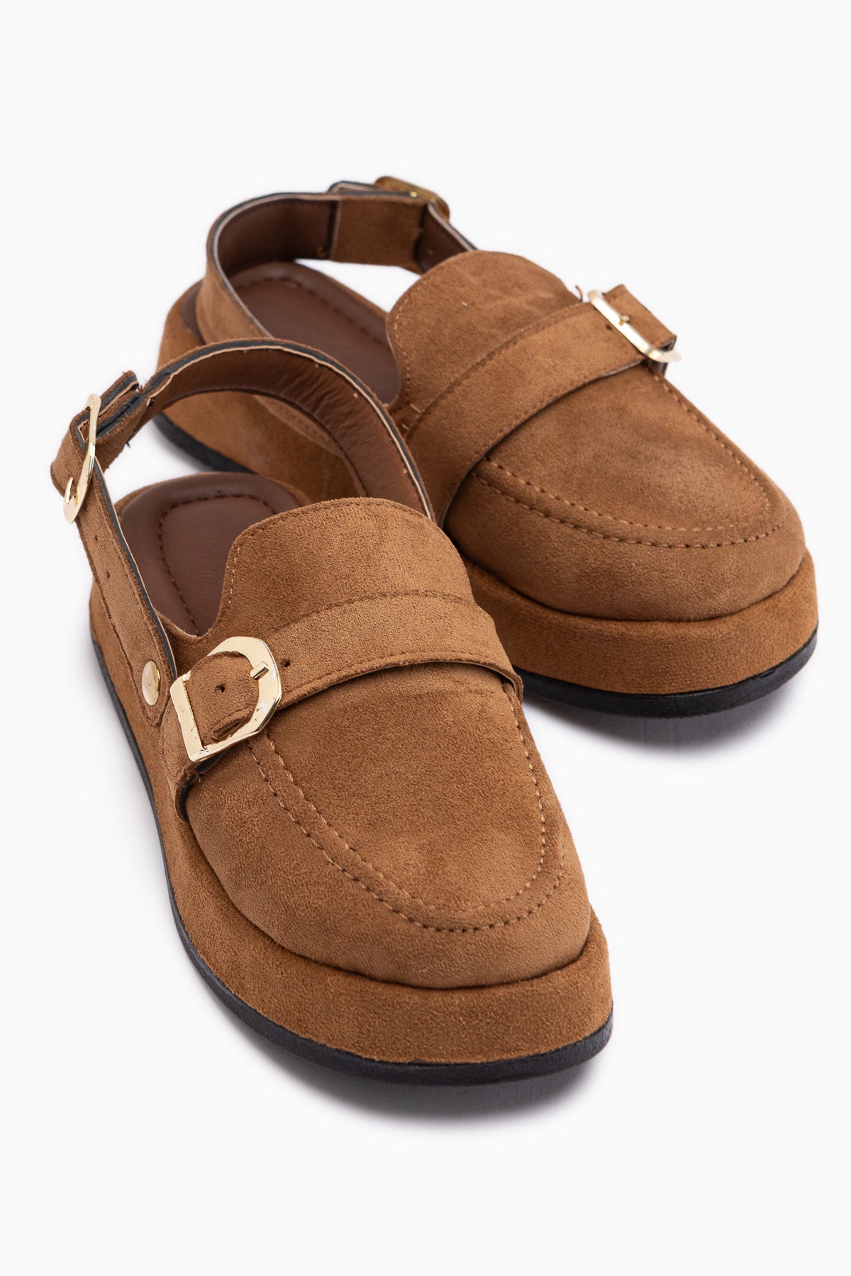 Gity Taba Süet Çift Tokalı Kadın Slingback Loafer Ayakkabı