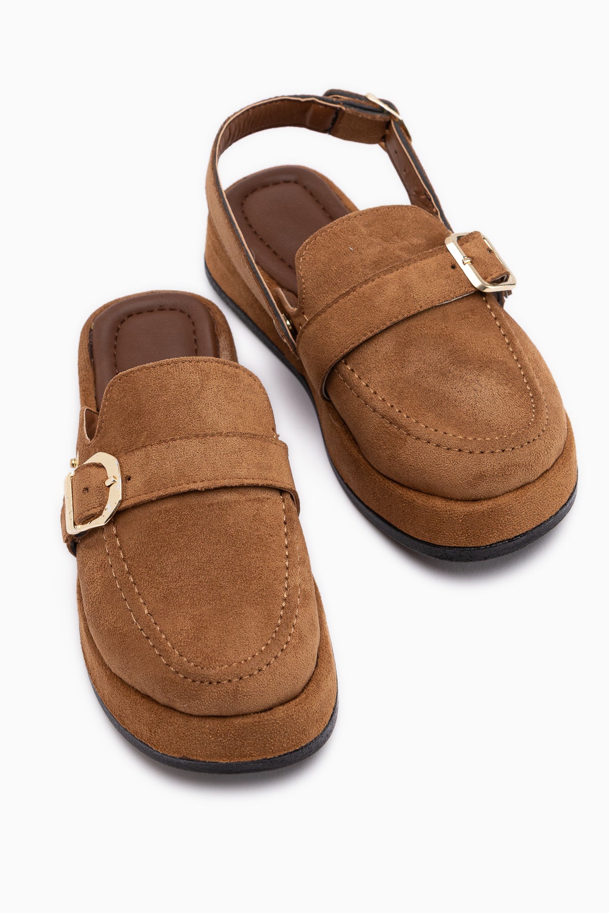 Gity Taba Süet Çift Tokalı Kadın Slingback Loafer Ayakkabı