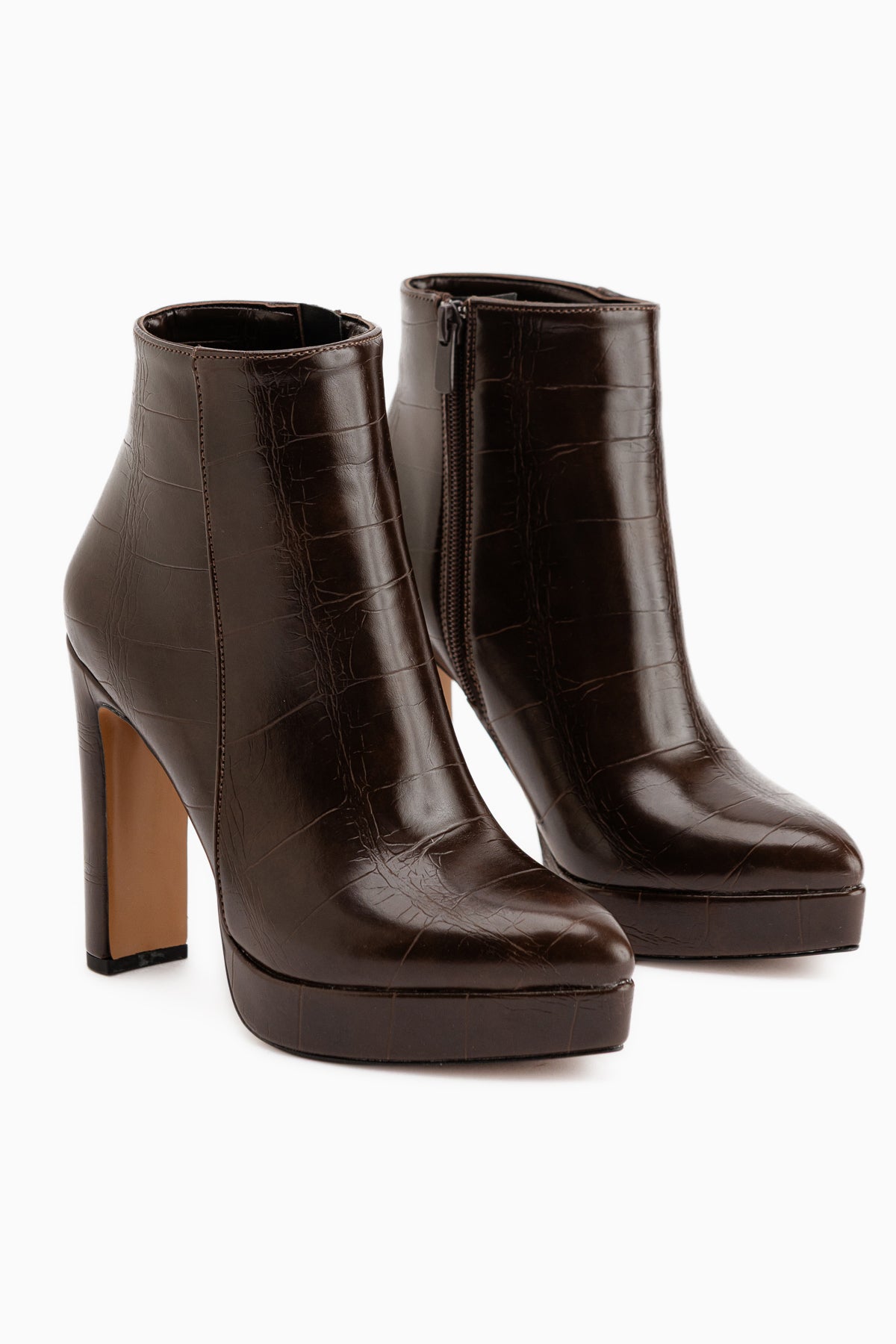 Abbie Kahve Kroko Sivri Burunlu Yüksek Topuklu Fermuarlı Bot