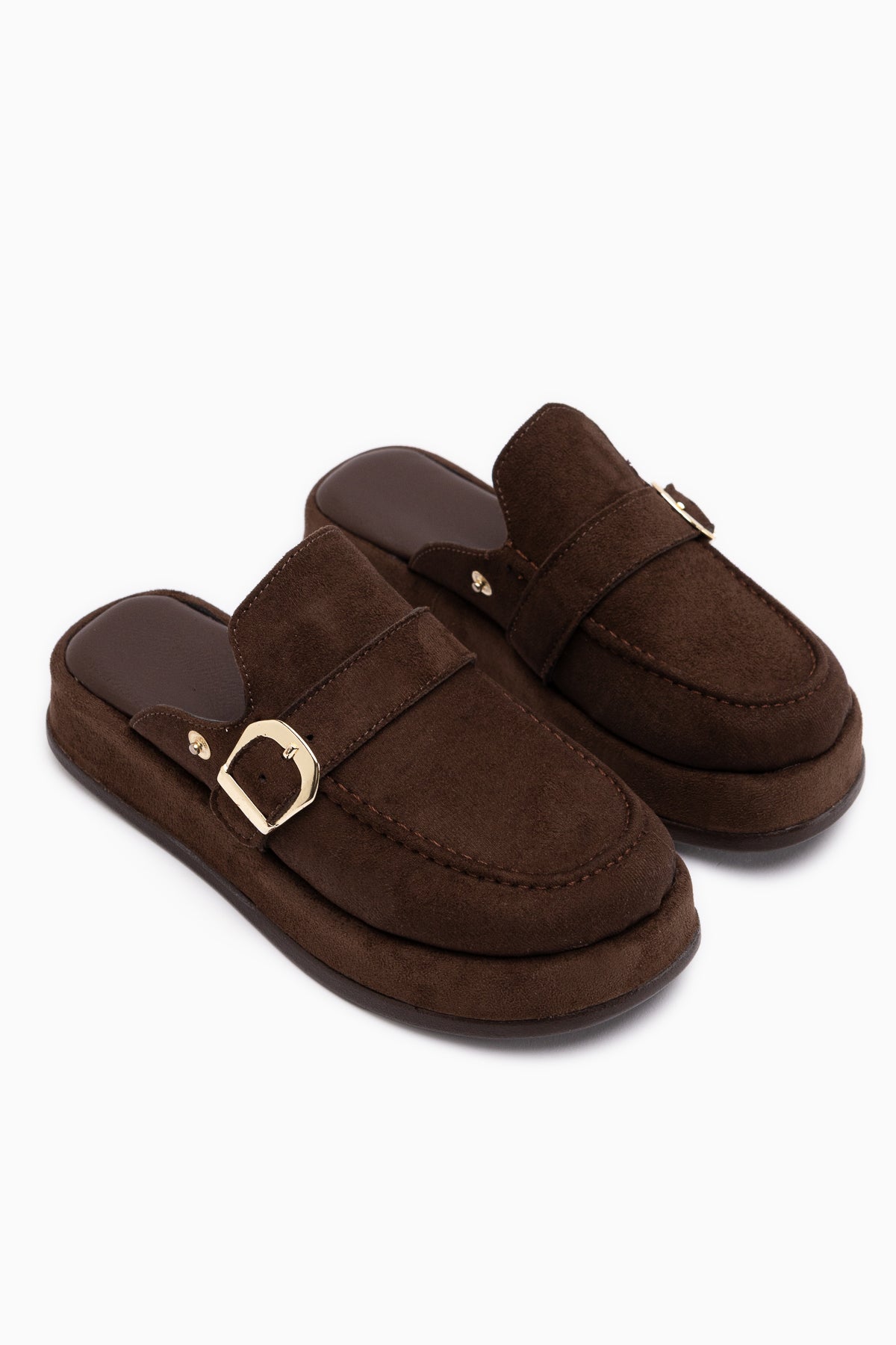 Gity Kahve Süet Çift Tokalı Kadın Slingback Loafer Ayakkabı