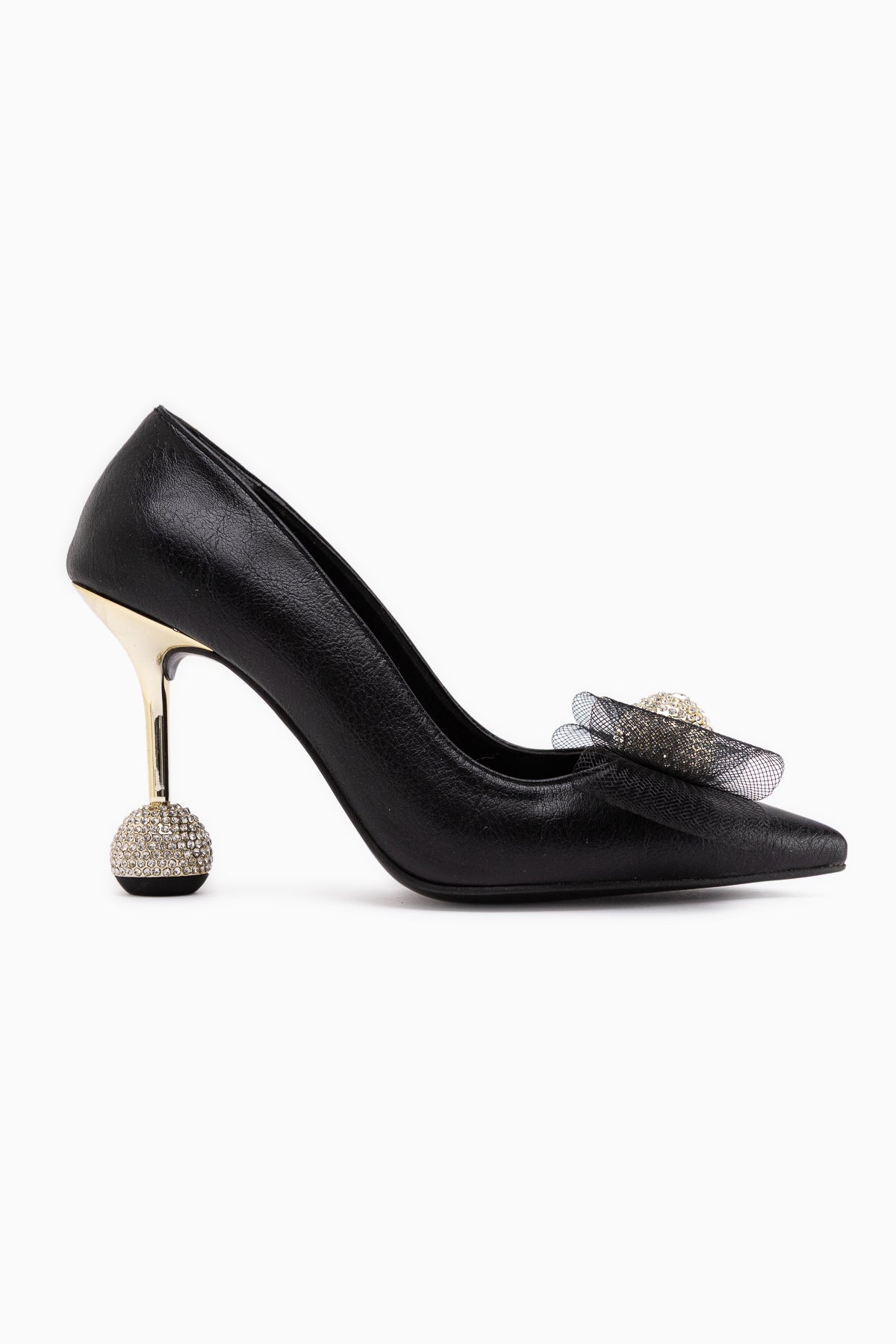 Partile Siyah Disko Topu Detaylı Tül Fiyonklu Stiletto