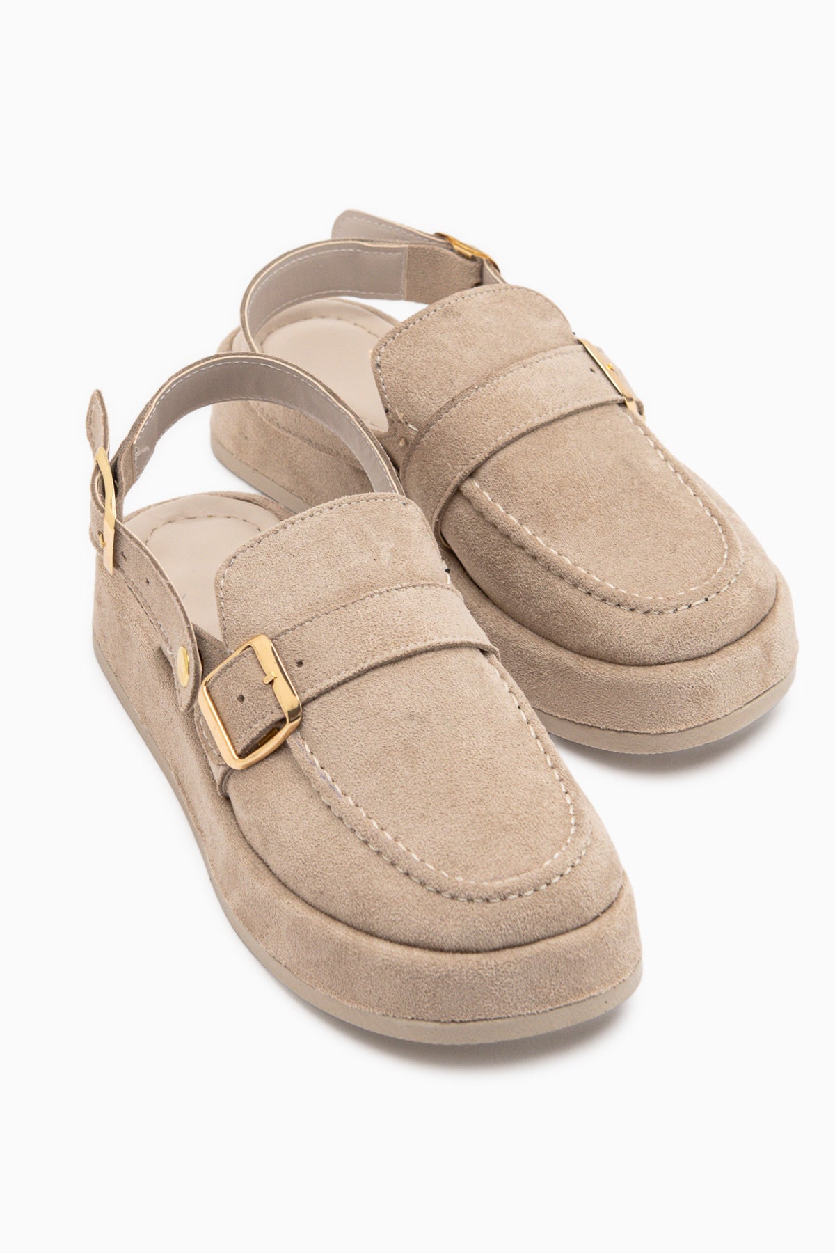 Gity Bej Süet Çift Tokalı Kadın Slingback Loafer Ayakkabı
