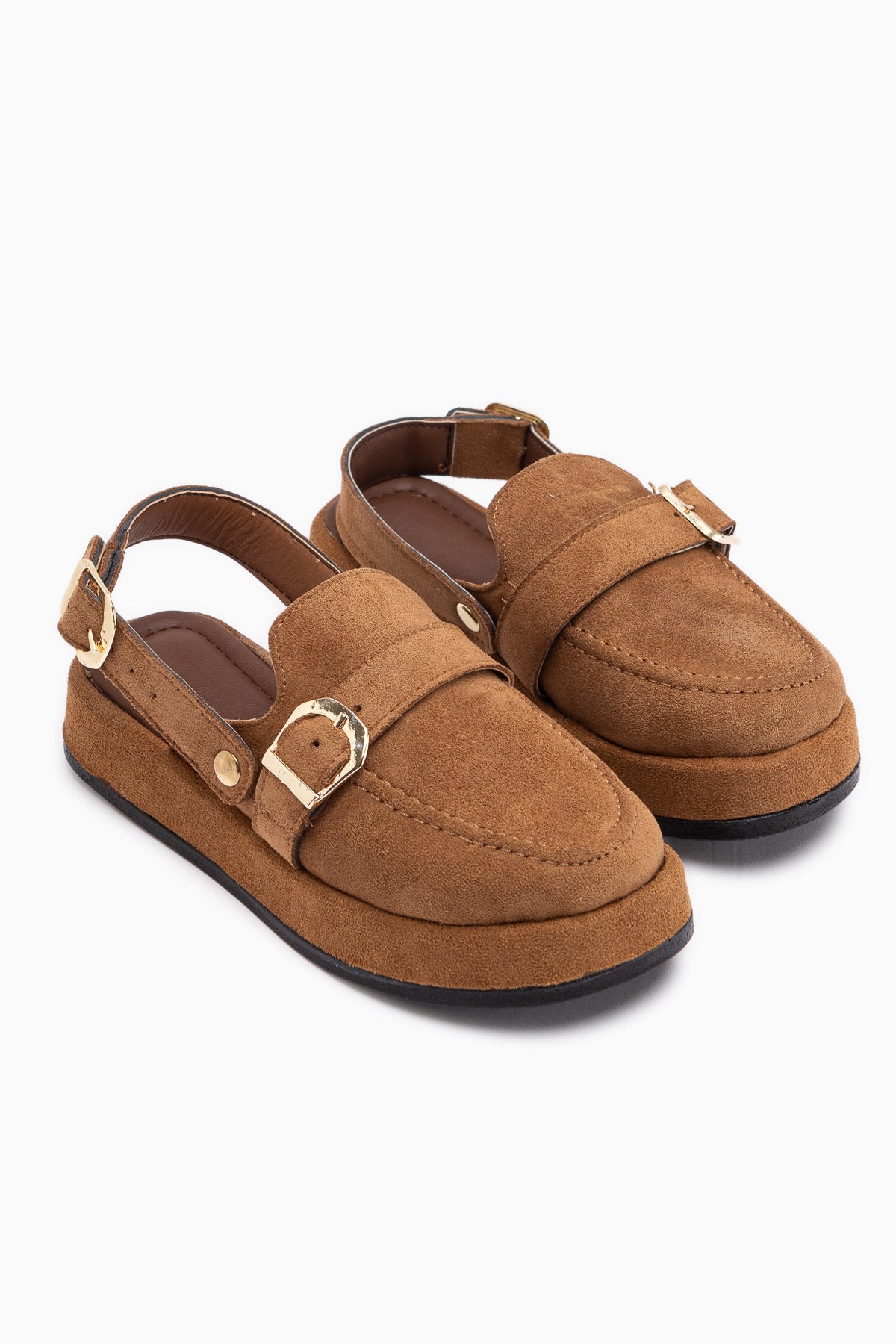 Gity Taba Süet Çift Tokalı Kadın Slingback Loafer Ayakkabı