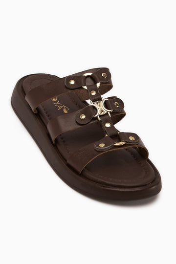 Blenda Hakiki Deri Kahve Tokalı Kadın Terlik