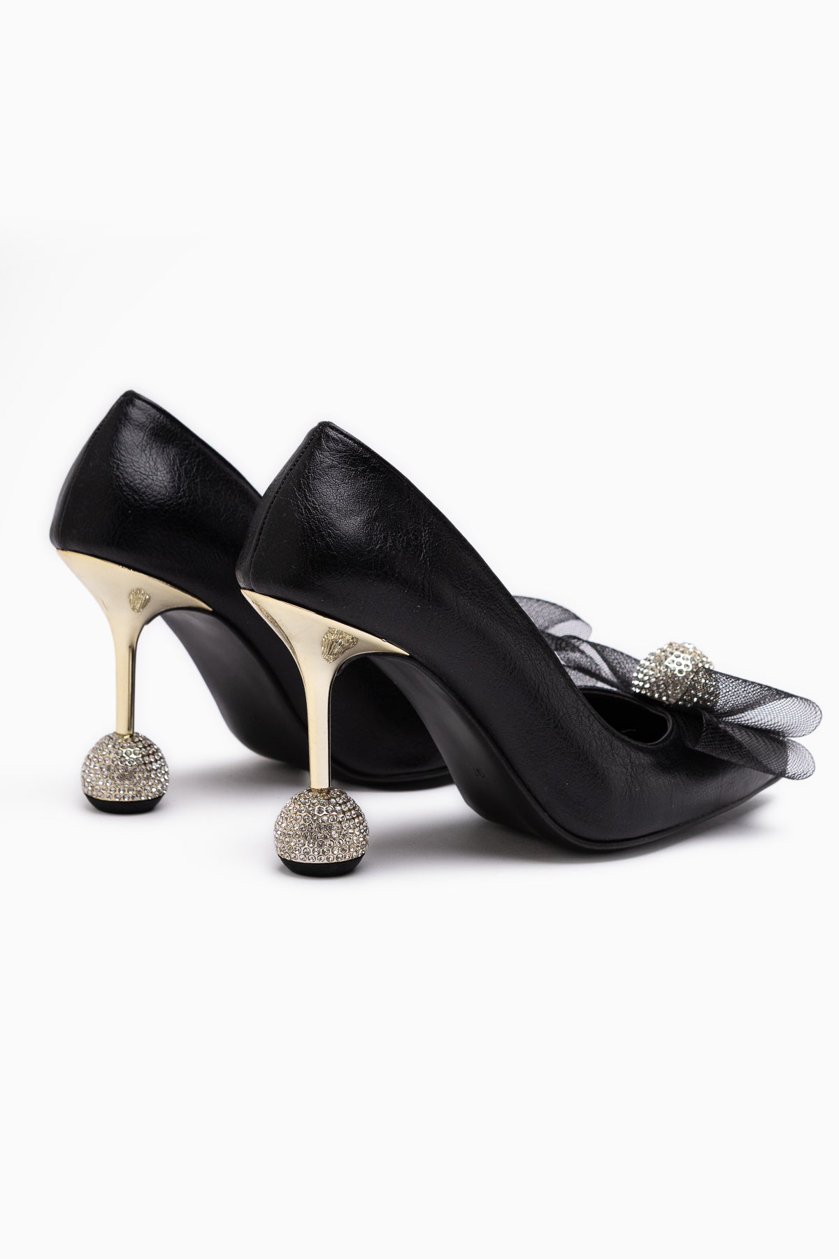 Partile Siyah Disko Topu Detaylı Tül Fiyonklu Stiletto