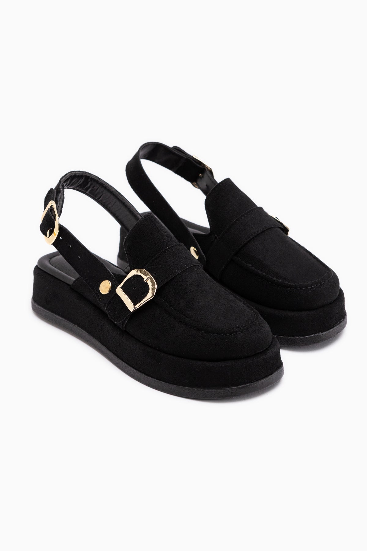 Gity Siyah Süet Çift Tokalı Kadın Slingback Loafer Ayakkabı