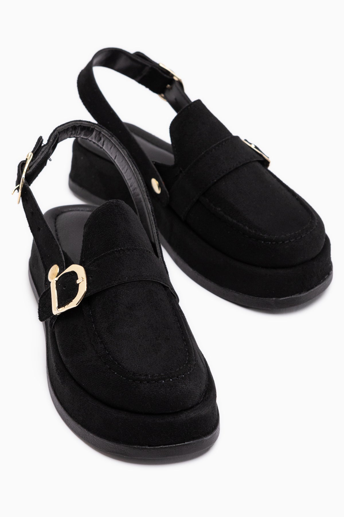 Gity Siyah Süet Çift Tokalı Kadın Slingback Loafer Ayakkabı