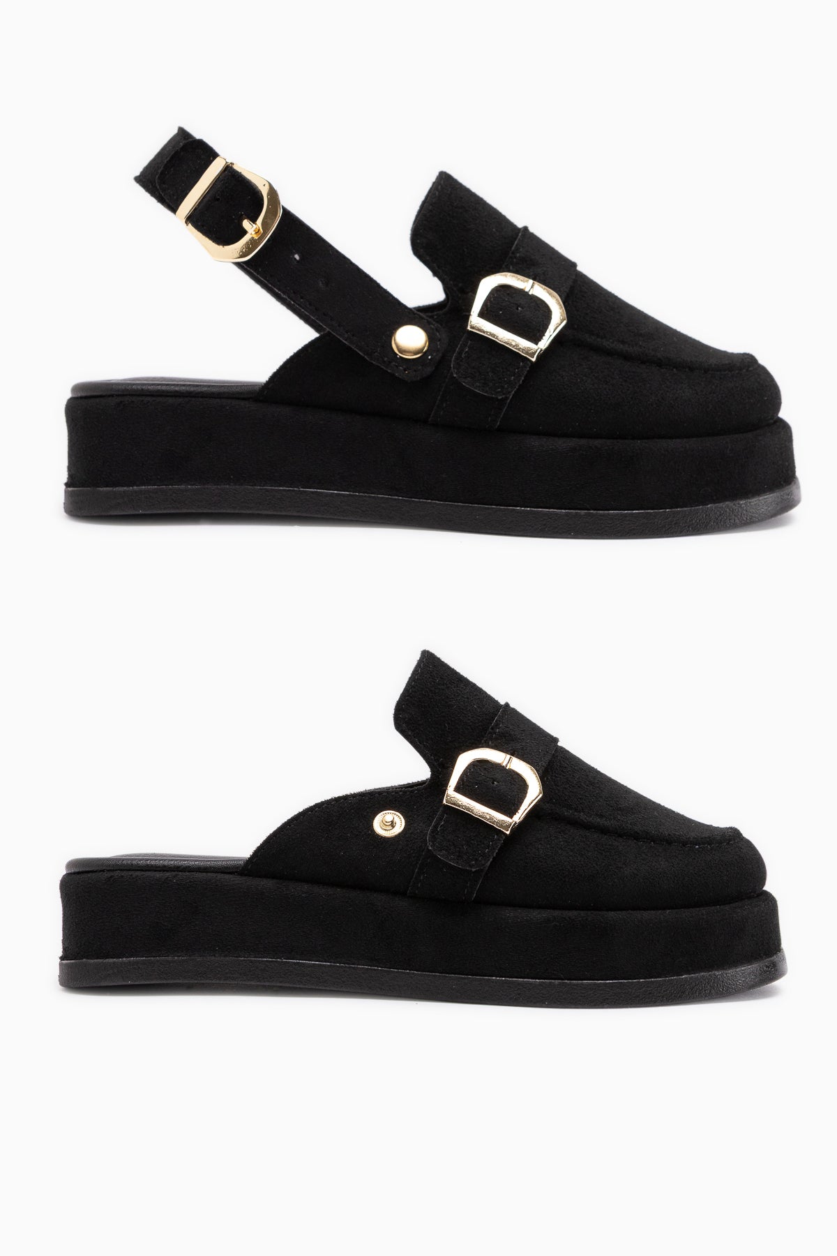Gity Siyah Süet Çift Tokalı Kadın Slingback Loafer Ayakkabı
