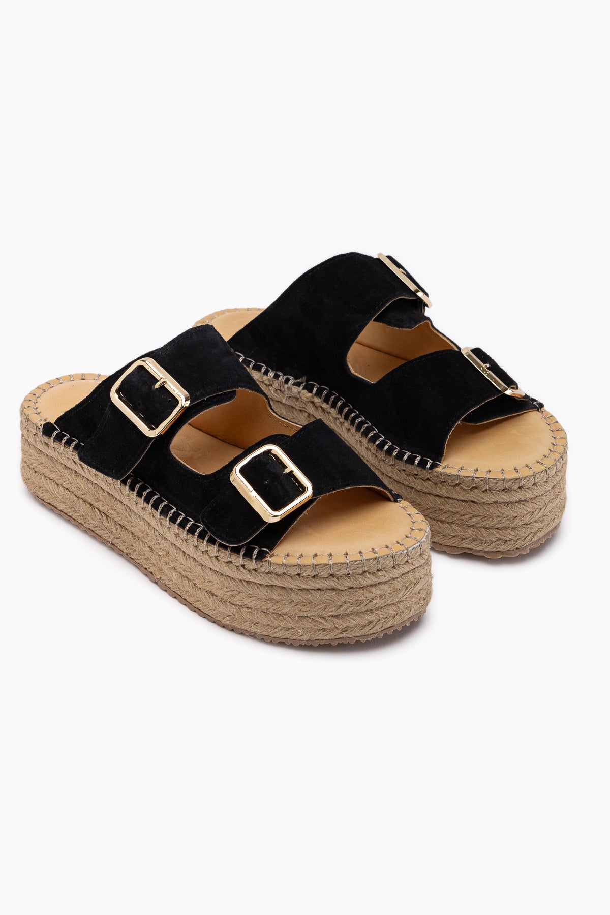 Janika Hakiki Deri Siyah Süet Hasır Tabanlı Kadın Terlik