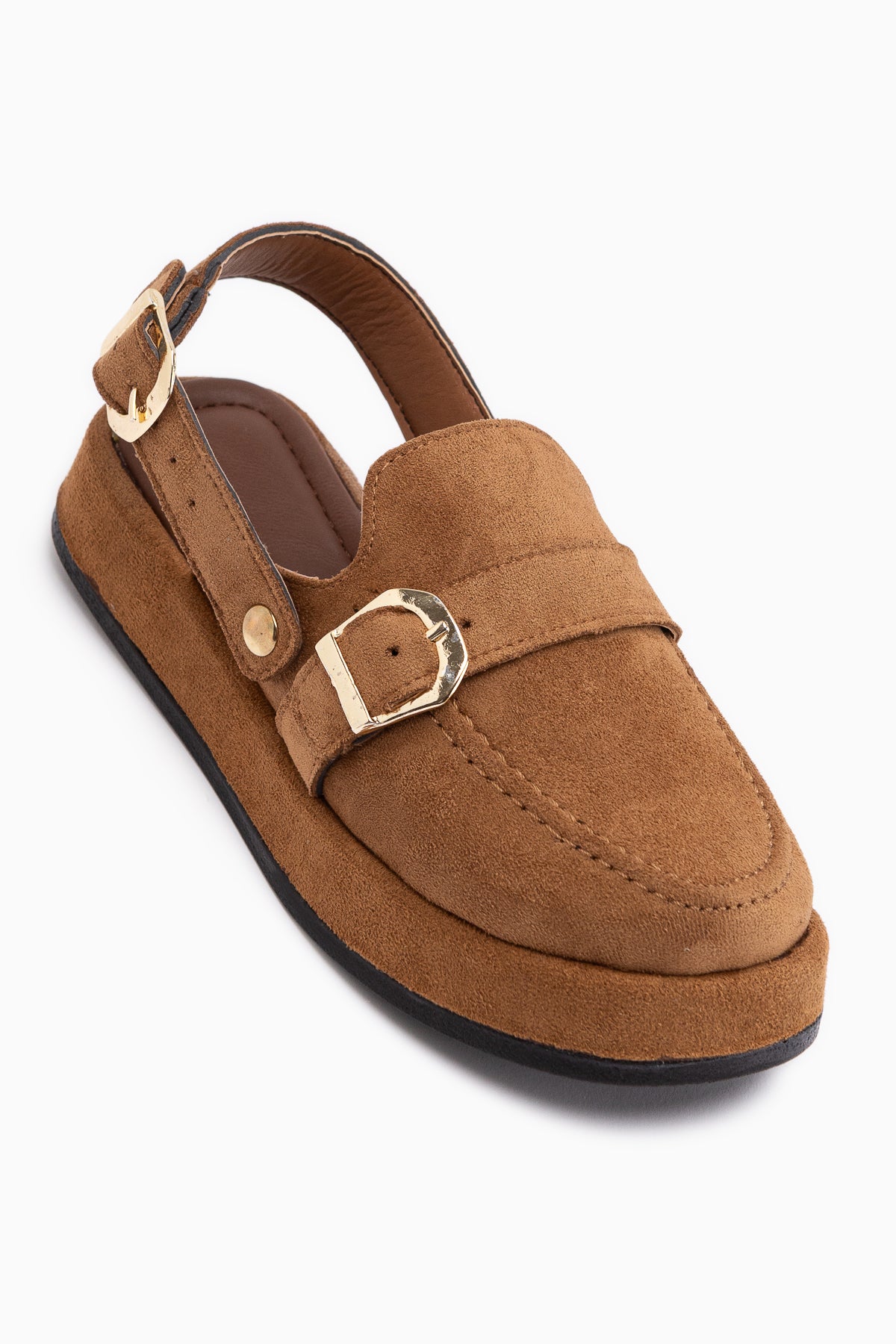 Gity Taba Süet Çift Tokalı Kadın Slingback Loafer Ayakkabı