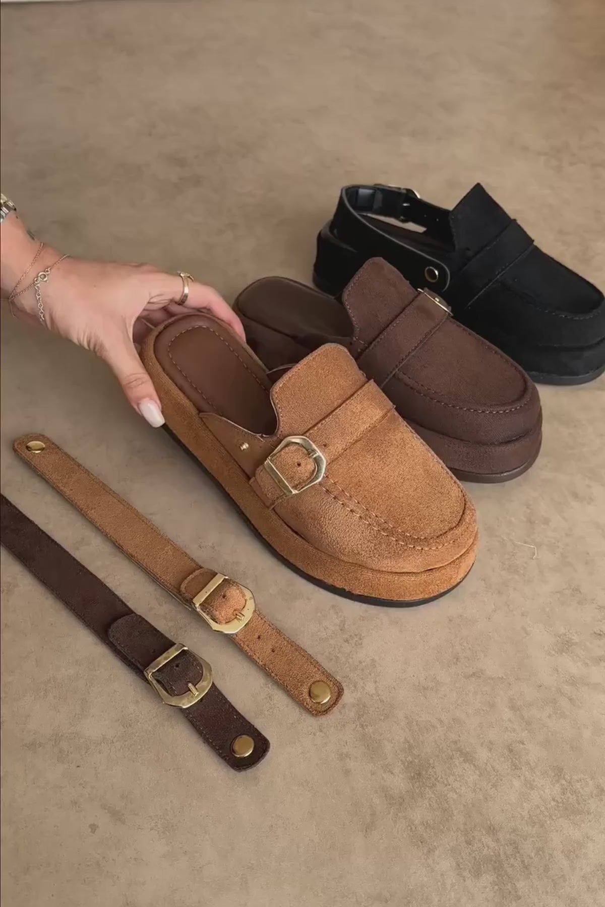 Gity Taba Süet Çift Tokalı Kadın Slingback Loafer Ayakkabı