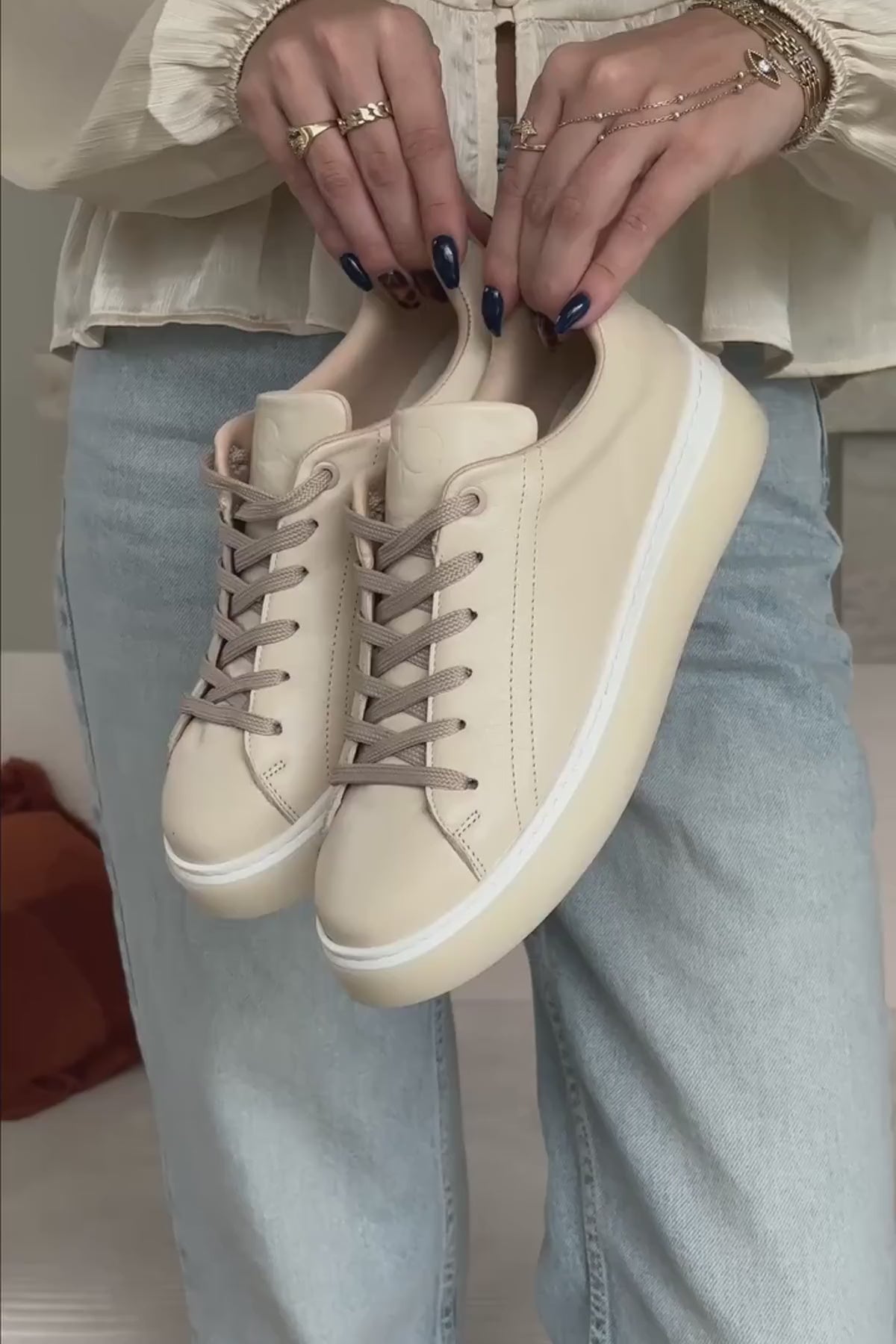 Lina Hakiki Deri Bej Kadın Sneaker Ayakkabı