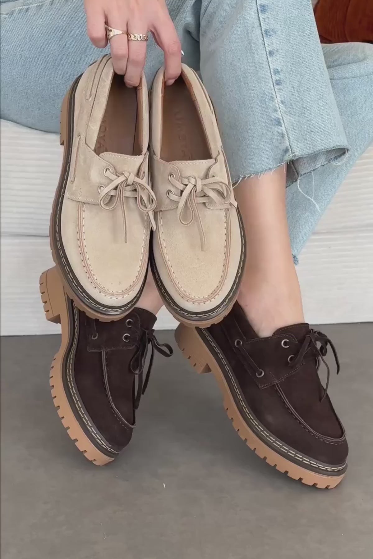 Matina Hakiki Deri Bej Süet Bağcıklı Kalın Taban Kadın Loafer Ayakkabı