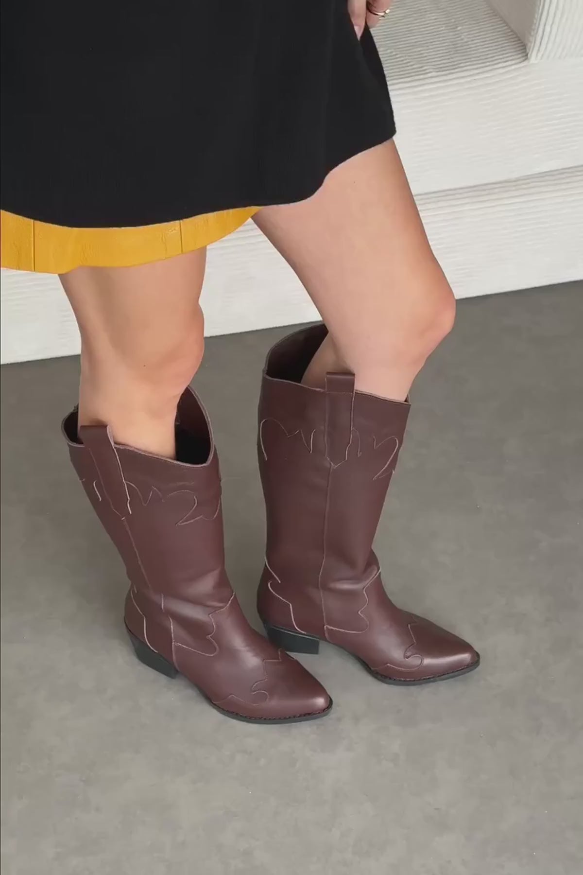 Lara Hakiki Deri Kahve Topuklu Western Çizme