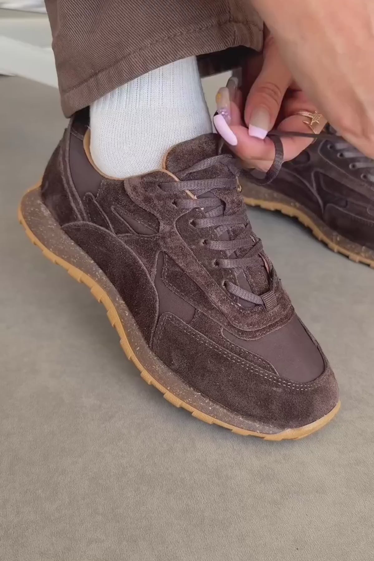 Selena Hakiki Deri Kahve Süet Detaylı Retro Kadın Sneaker
