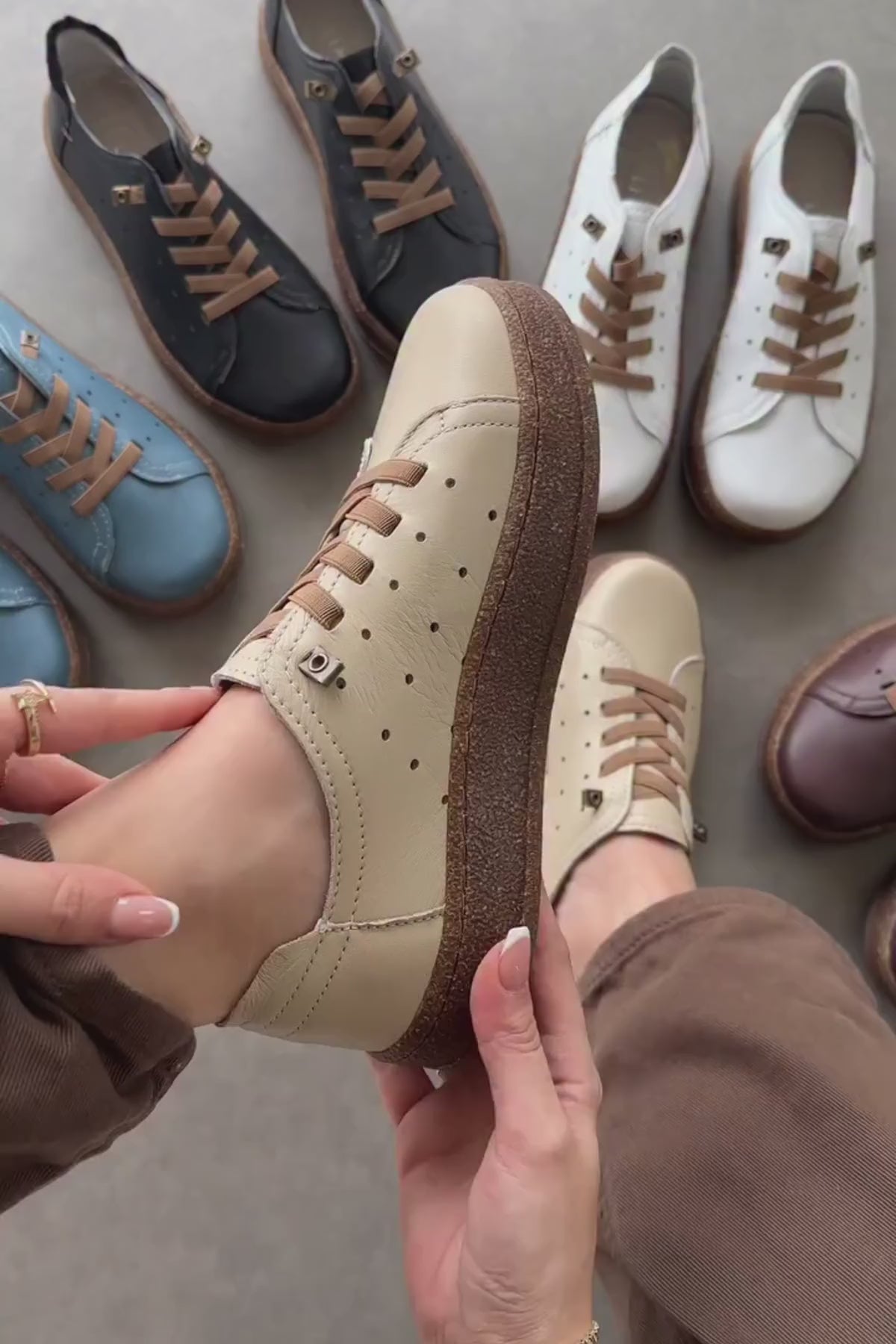 Judi Hakiki Deri Bej Rahat Tabanlı Kadın Yazlık Sneakers